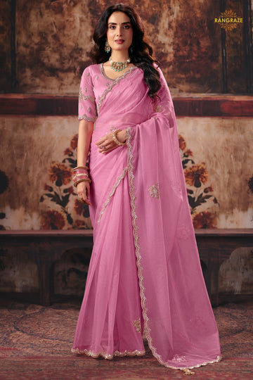 Rose Pink Designer Organza Saree With Embroidered Blouse
