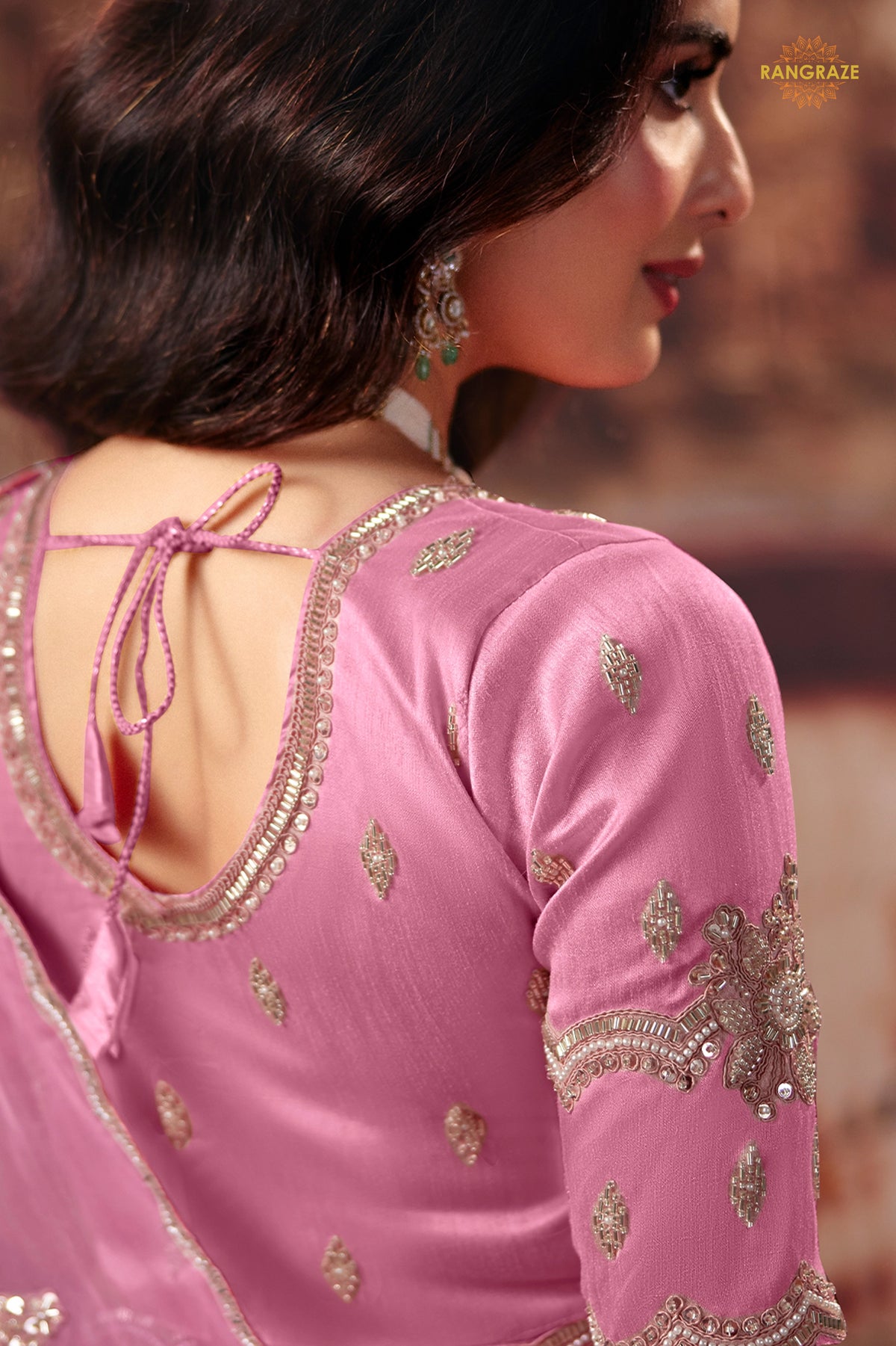 Rose Pink Designer Organza Saree With Embroidered Blouse