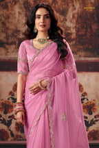 Rose Pink Designer Organza Saree With Embroidered Blouse