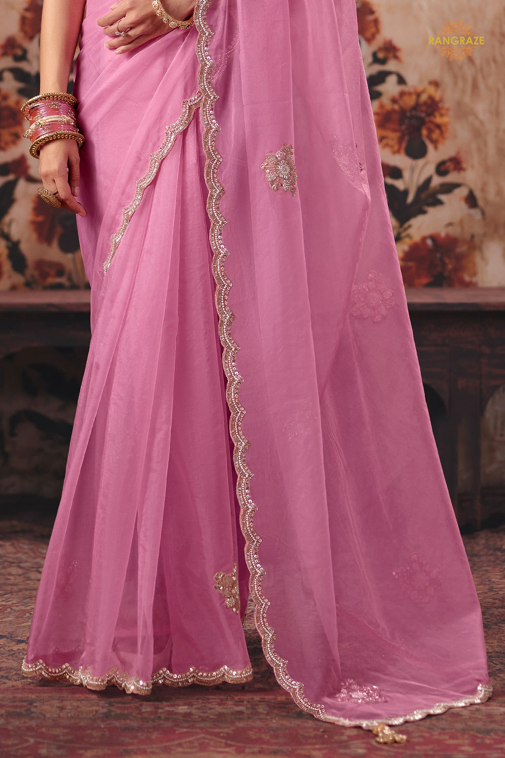 Rose Pink Designer Organza Saree With Embroidered Blouse