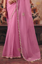 Rose Pink Designer Organza Saree With Embroidered Blouse