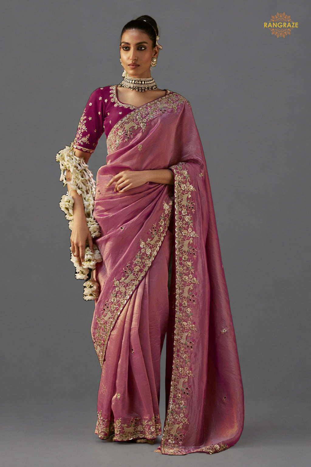 Rose Pink Embroidered Viscose Tissue Saree