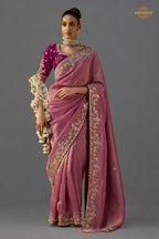 Rose Pink Embroidered Viscose Tissue Saree
