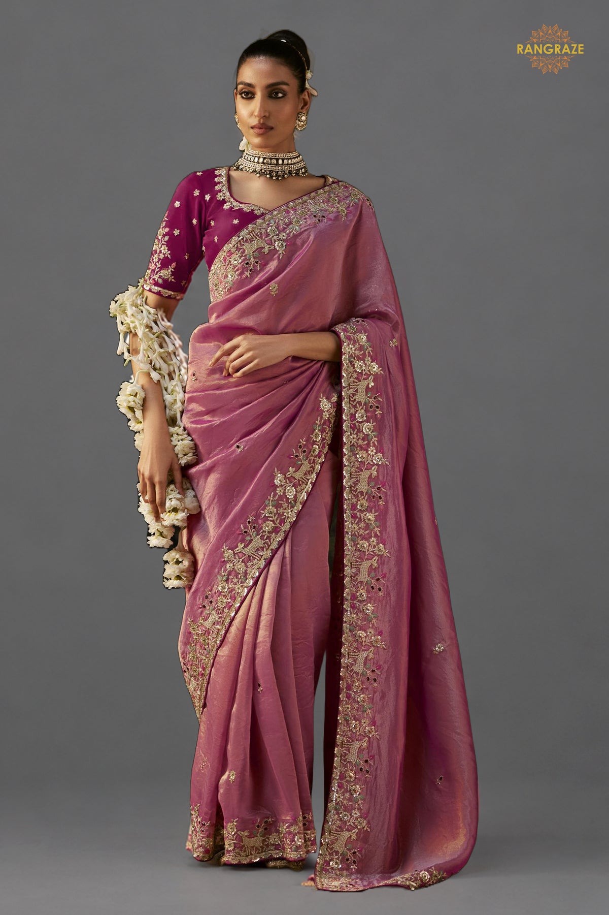 Rose Pink Embroidered Viscose Tissue Saree