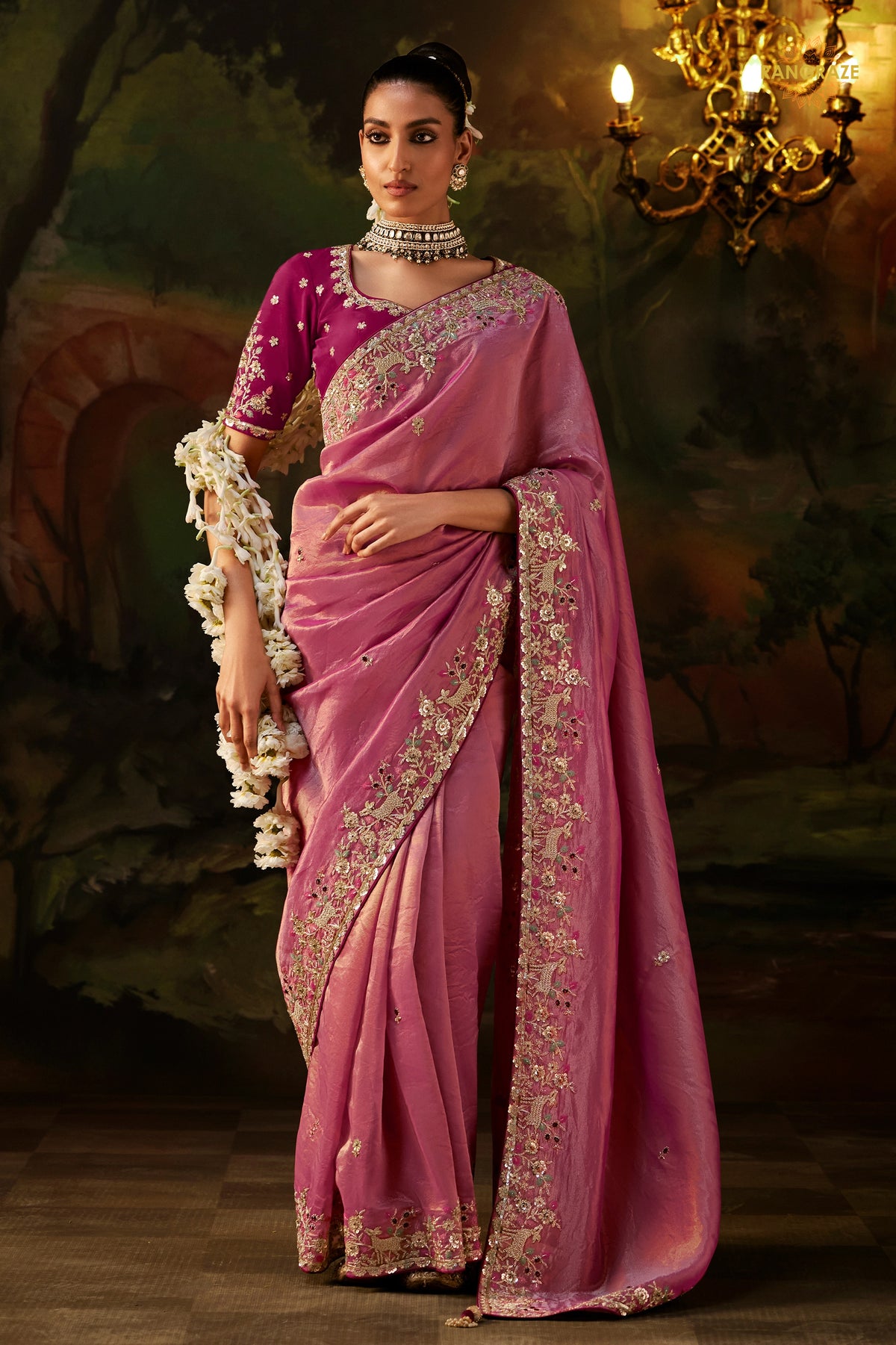 Rose Pink Embroidered Viscose Tissue Saree
