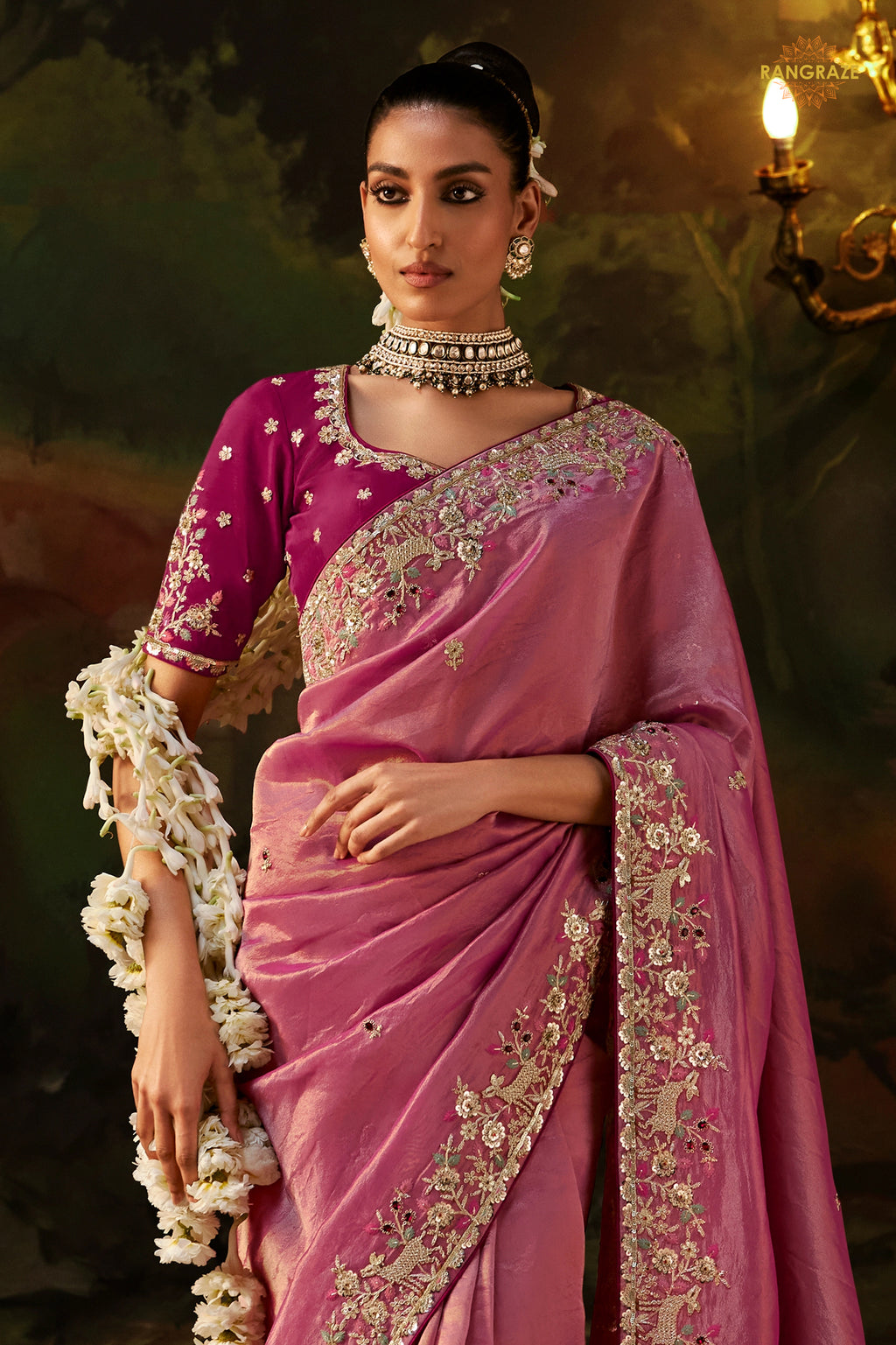 Rose Pink Embroidered Viscose Tissue Saree