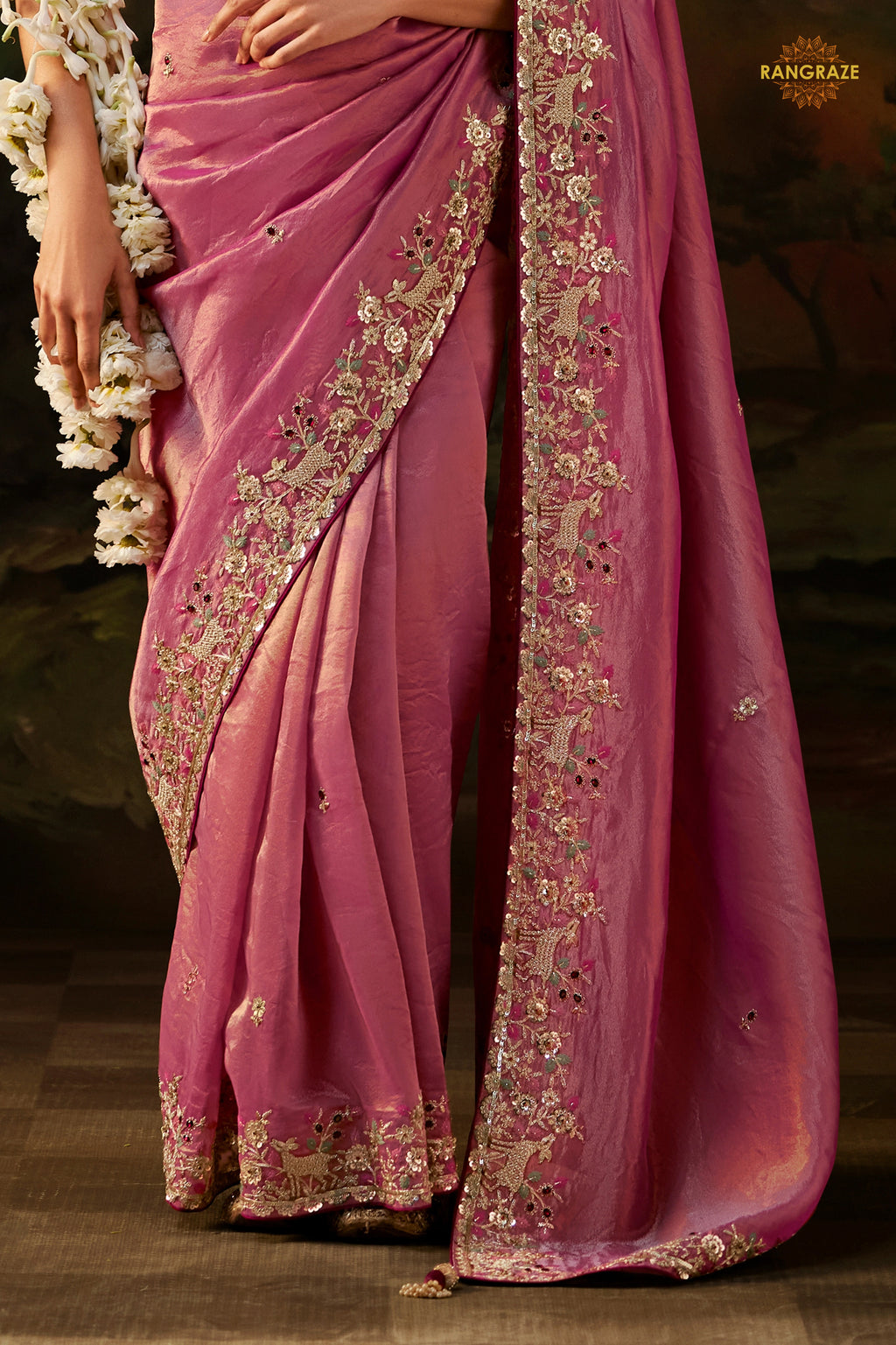 Rose Pink Embroidered Viscose Tissue Saree