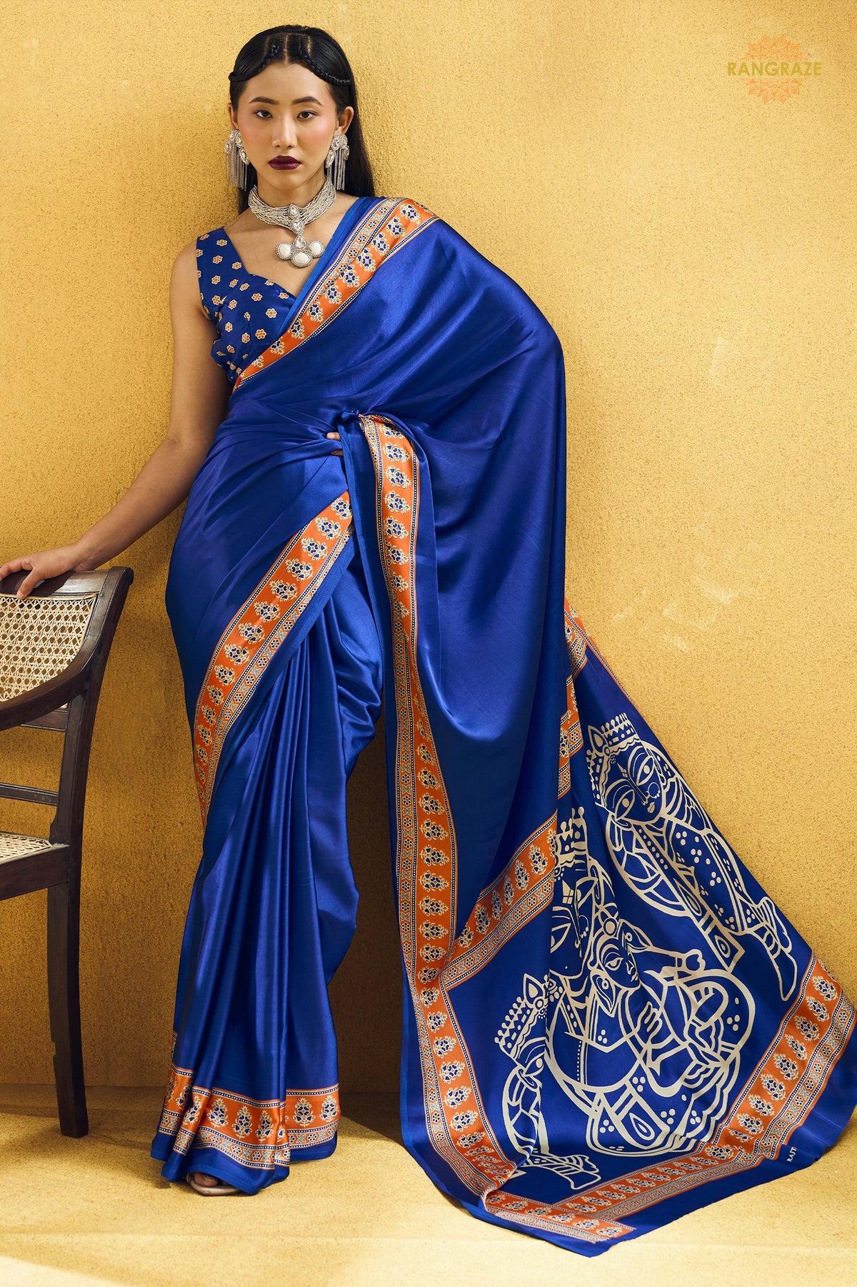 Royal Blue Ajrakh Print Modal Satin Saree