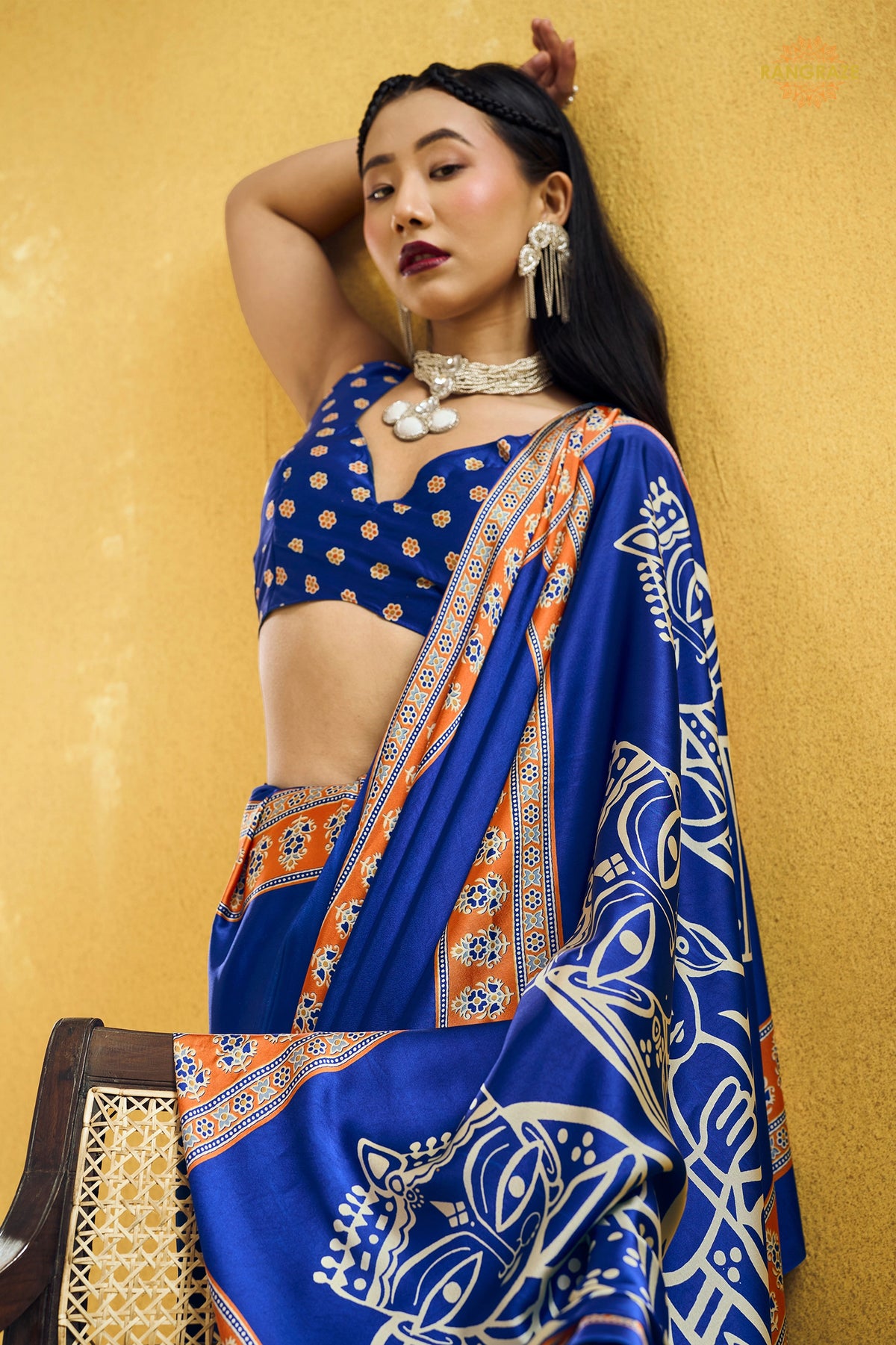 Royal Blue Ajrakh Print Modal Satin Saree