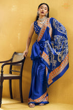Royal Blue Ajrakh Print Modal Satin Saree