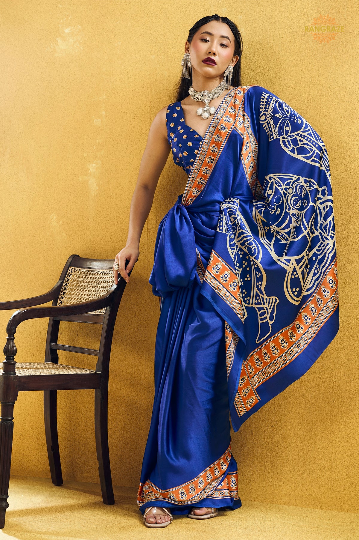 Royal Blue Ajrakh Print Modal Satin Saree