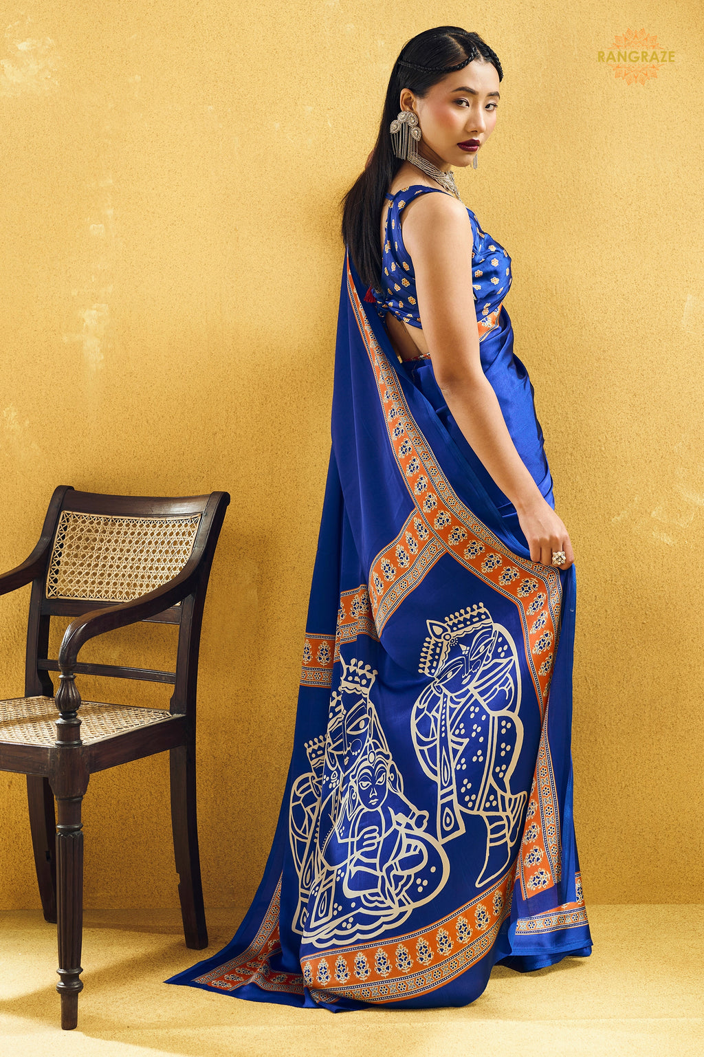 Royal Blue Ajrakh Print Modal Satin Saree