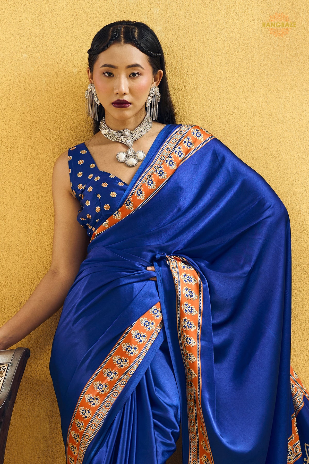 Royal Blue Ajrakh Print Modal Satin Saree