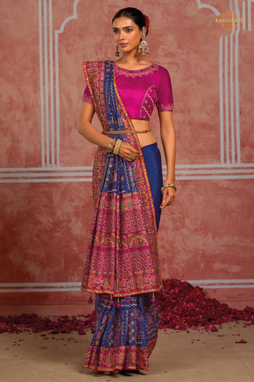 Royal Blue Kachi Work Shana Silk Saree With Mirror Work