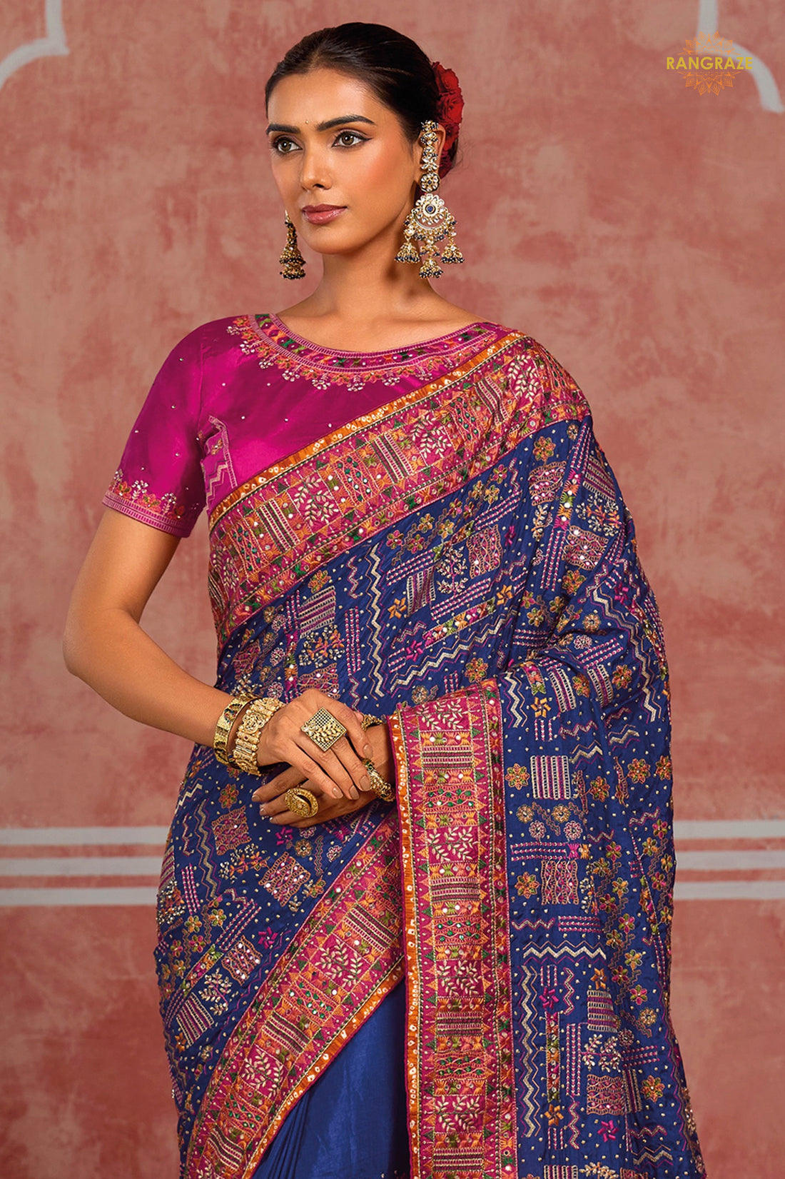 Royal Blue Kachi Work Shana Silk Saree With Mirror Work