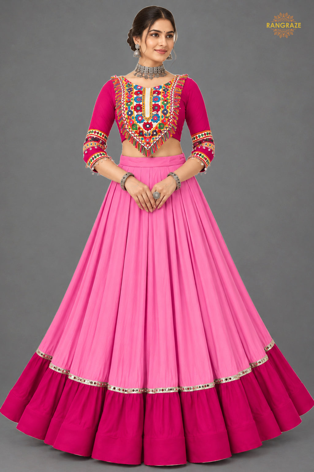 Royal Pink Stitched Embroidered Rayon Cotton Lehenga Choli Set