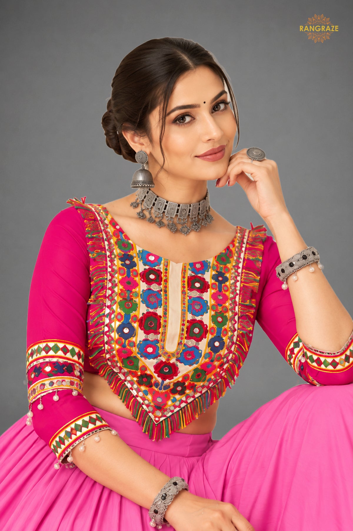 Royal Pink Stitched Embroidered Rayon Cotton Lehenga Choli Set
