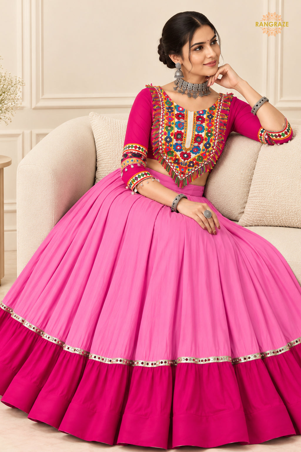 Royal Pink Stitched Embroidered Rayon Cotton Lehenga Choli Set