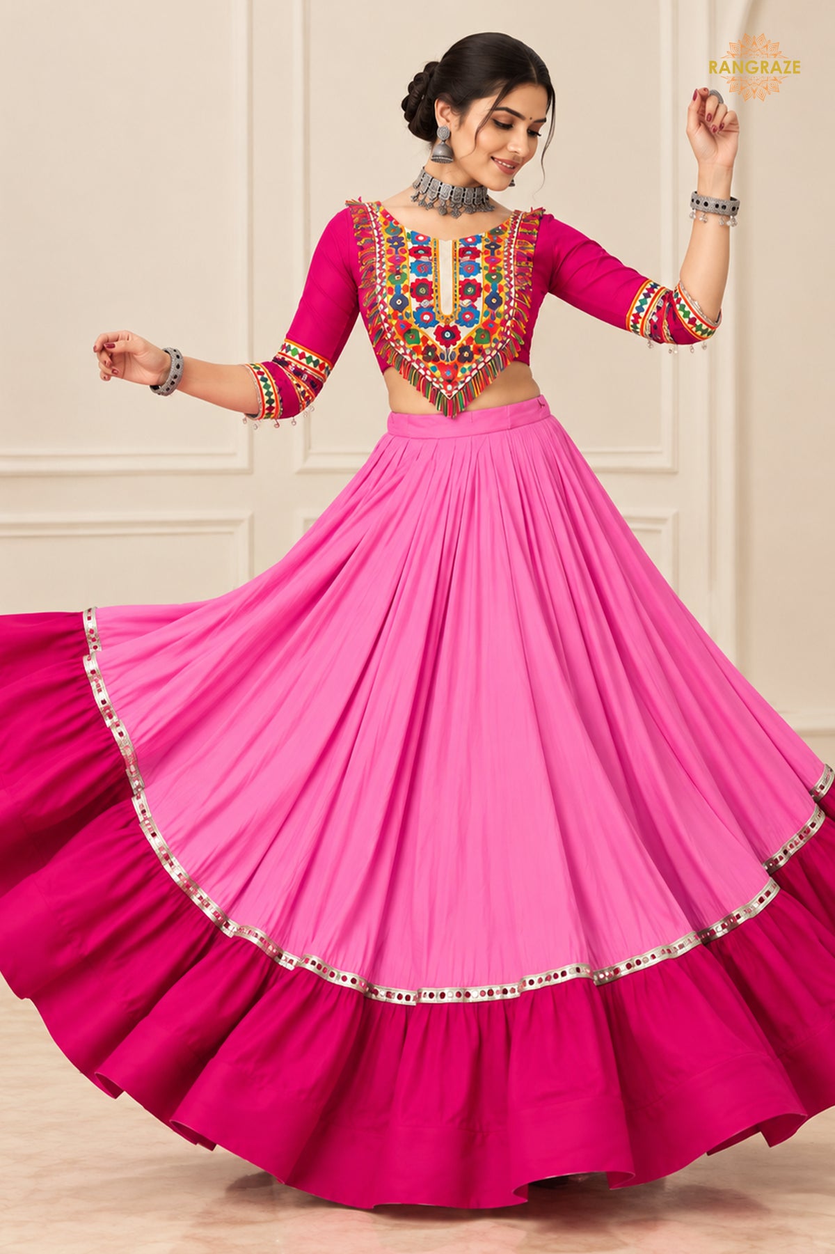 Royal Pink Stitched Embroidered Rayon Cotton Lehenga Choli Set