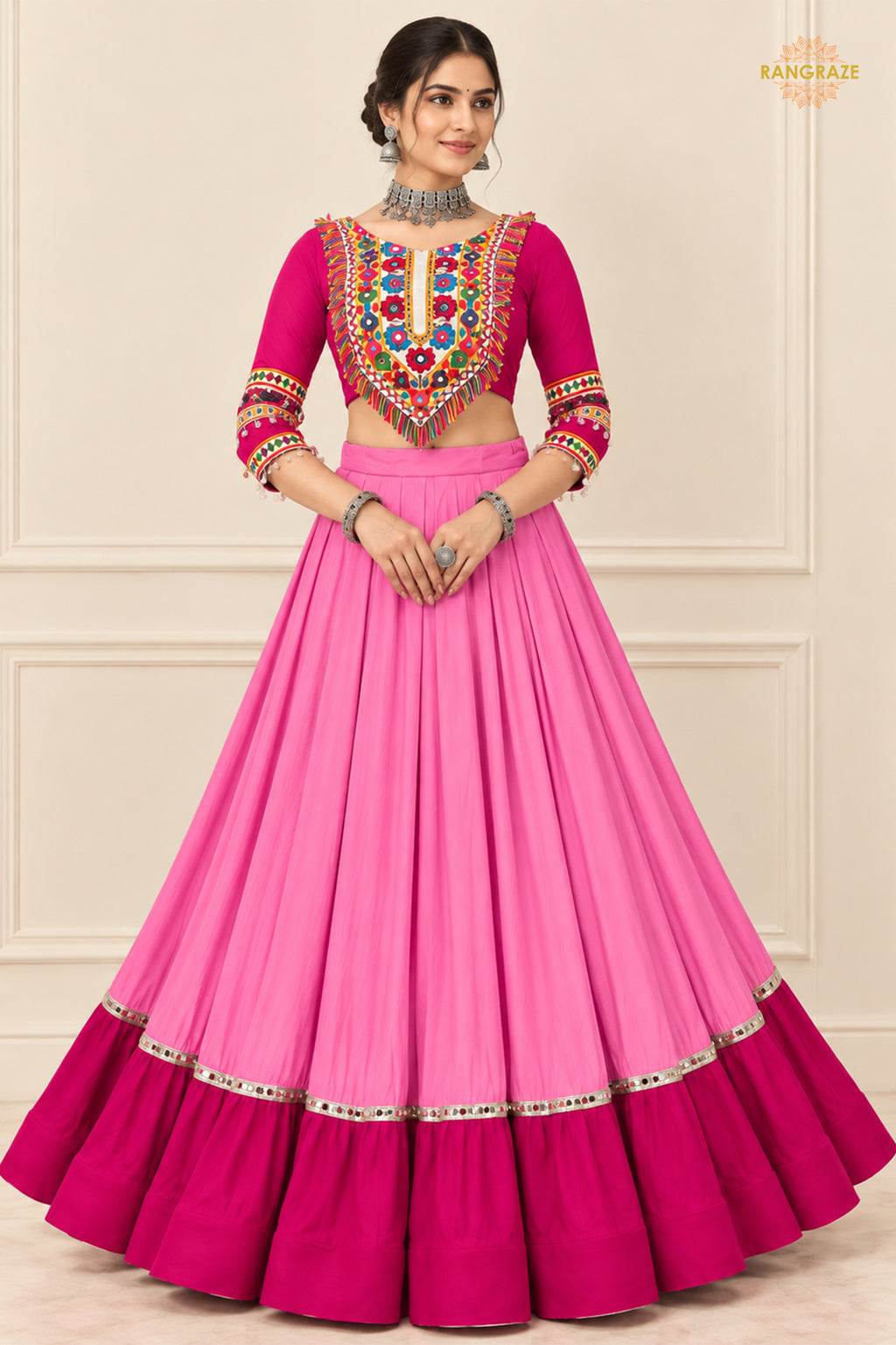 Royal Pink Stitched Embroidered Rayon Cotton Lehenga Choli Set
