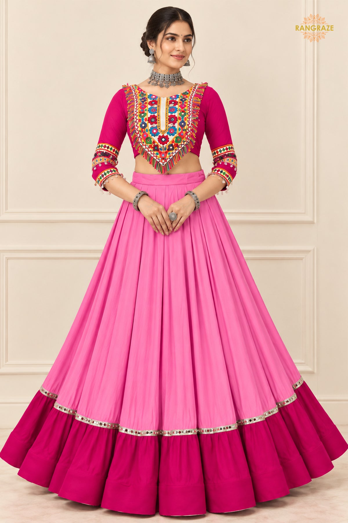 Royal Pink Stitched Embroidered Rayon Cotton Lehenga Choli Set