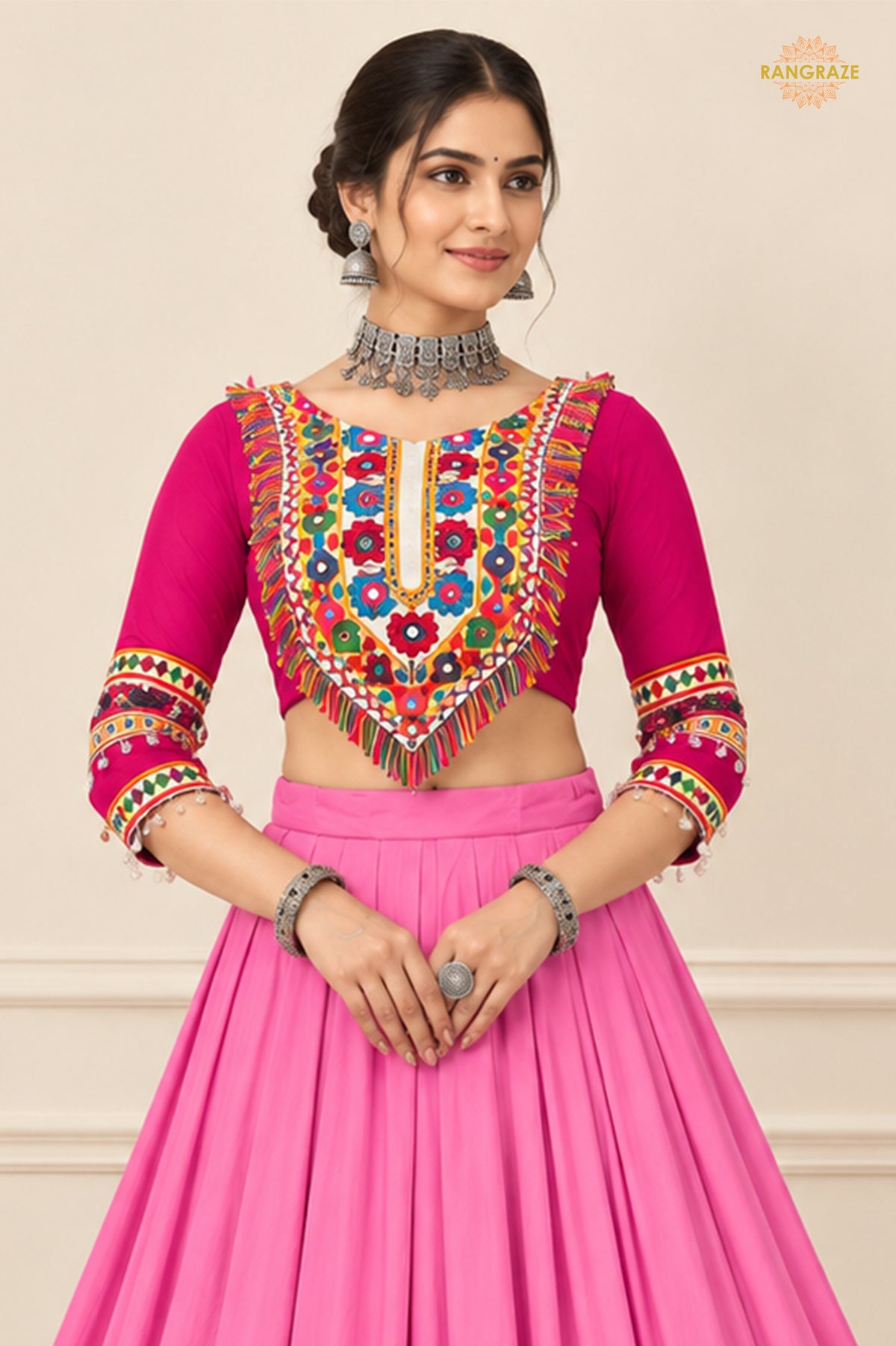 Royal Pink Stitched Embroidered Rayon Cotton Lehenga Choli Set