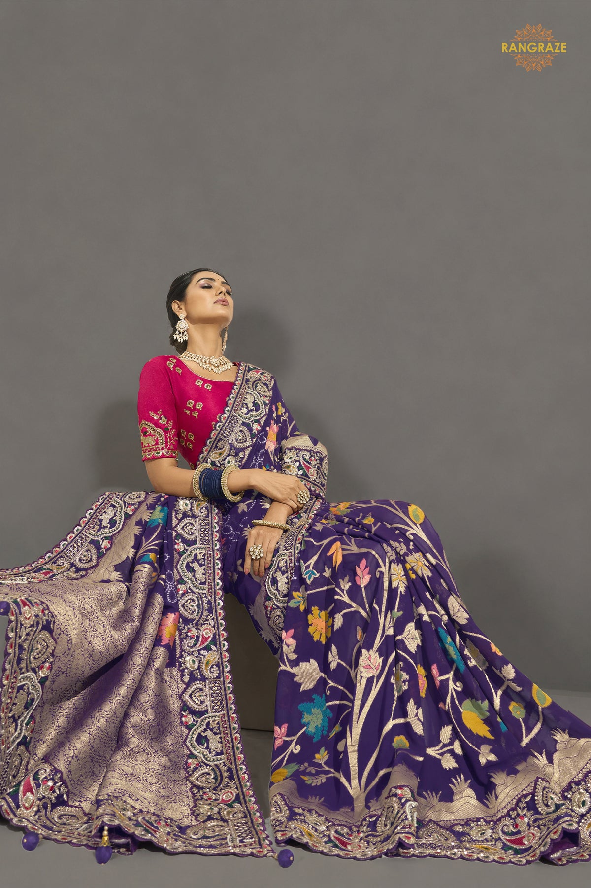 Royal Purple Embroidered Bandhej Georgette Saree