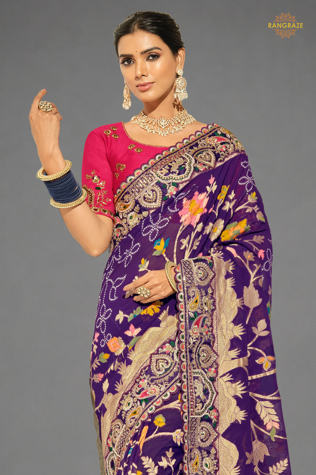 Royal Purple Embroidered Bandhej Georgette Saree