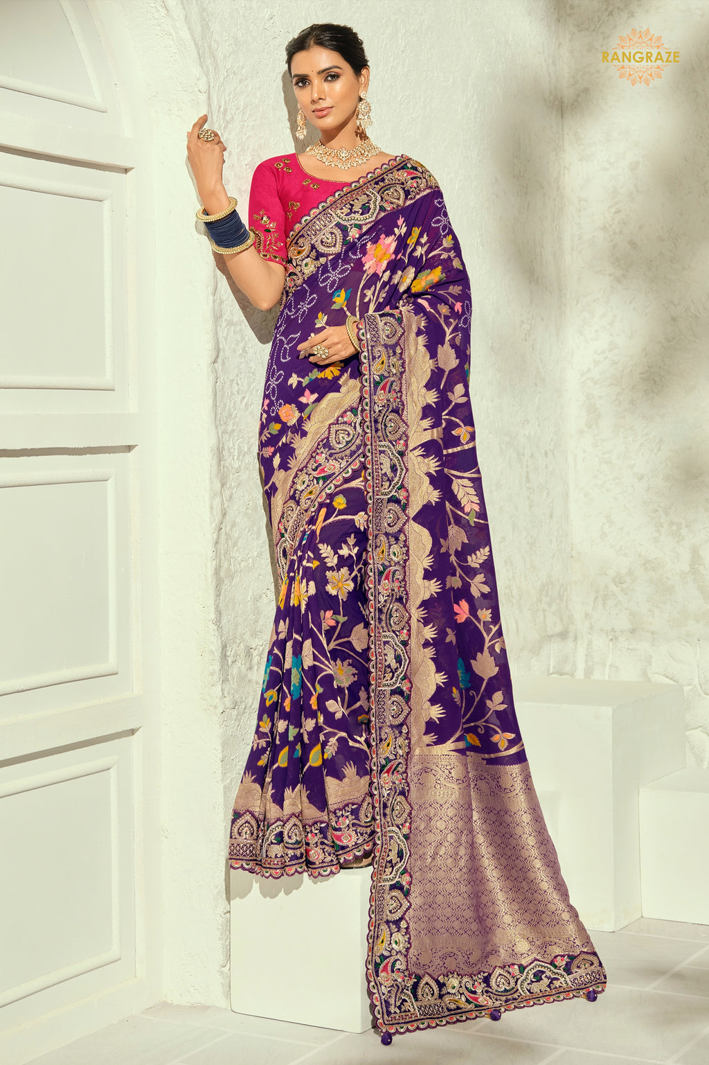 Royal Purple Embroidered Bandhej Georgette Saree
