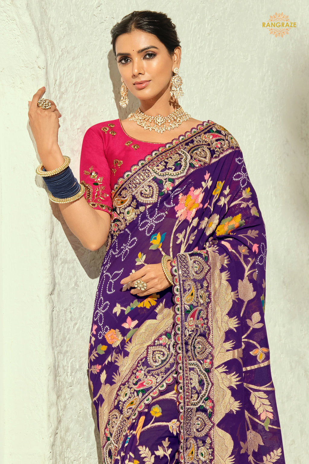 Royal Purple Embroidered Bandhej Georgette Saree