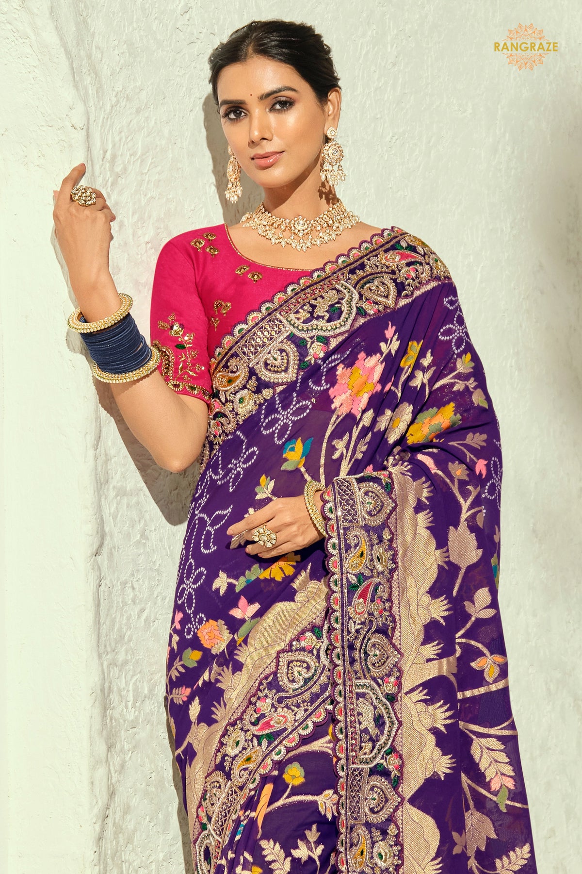 Royal Purple Embroidered Bandhej Georgette Saree