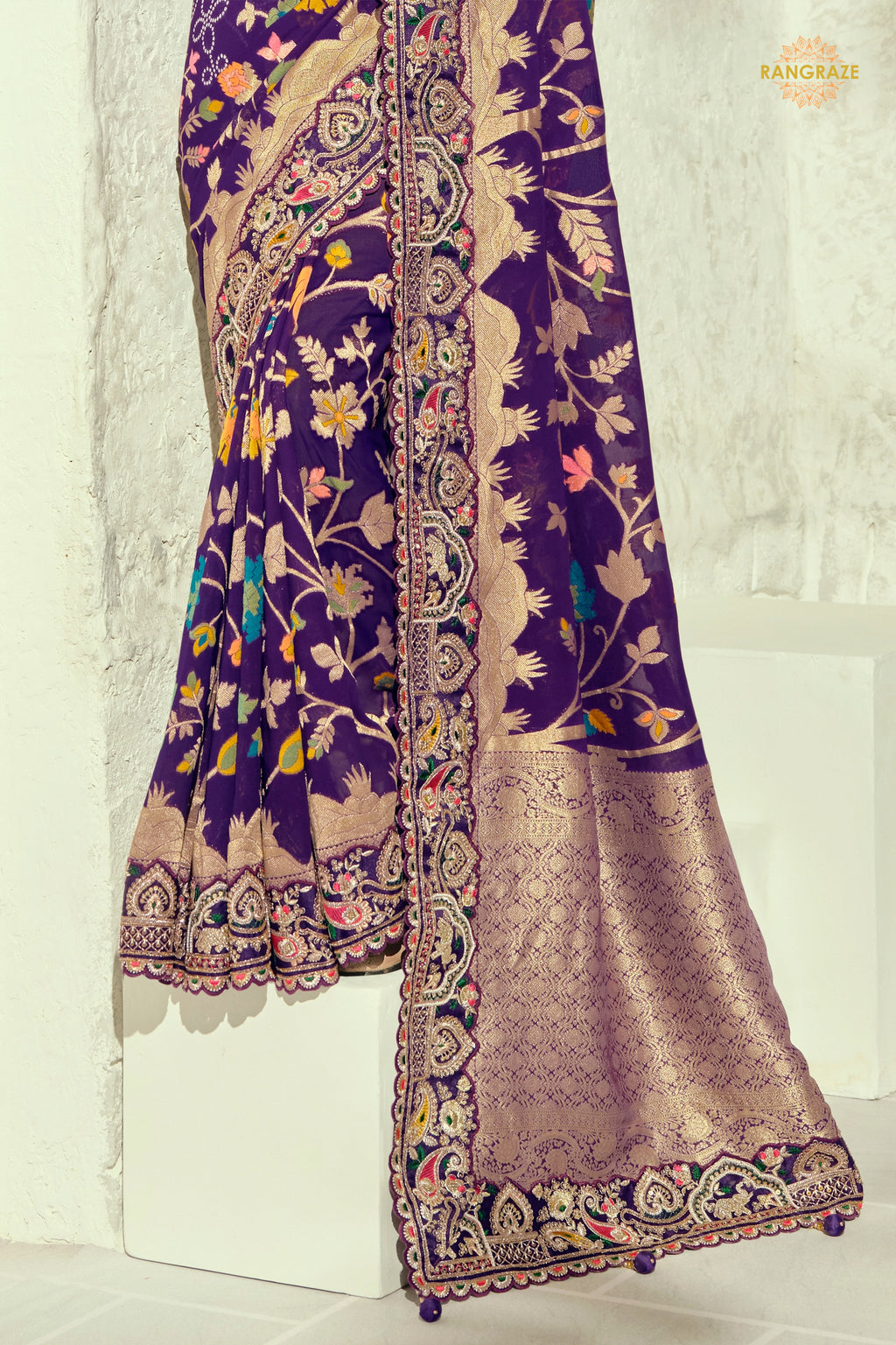Royal Purple Embroidered Bandhej Georgette Saree