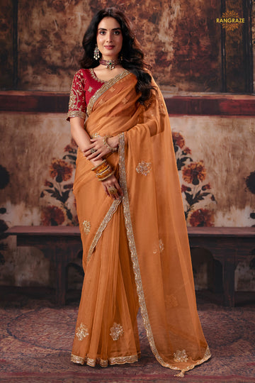 Rust Orange Designer Organza Saree With Embroidered Blouse