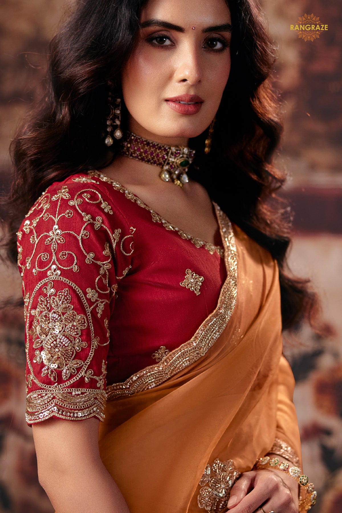 Rust Orange Designer Organza Saree With Embroidered Blouse