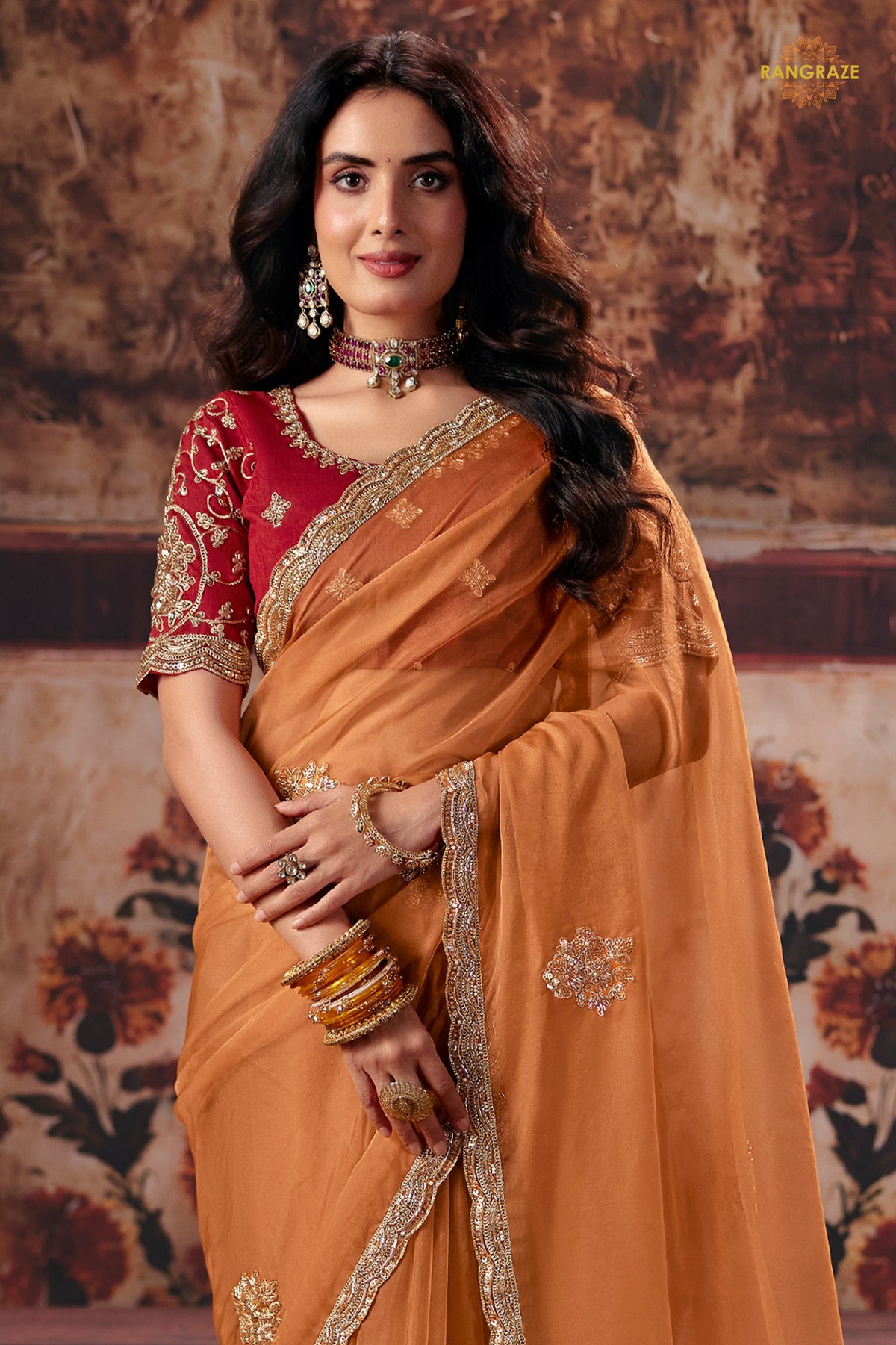 Rust Orange Designer Organza Saree With Embroidered Blouse