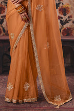 Rust Orange Designer Organza Saree With Embroidered Blouse