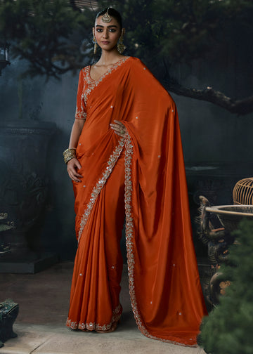 Rust Orange Embroidered Tissue Organza Saree