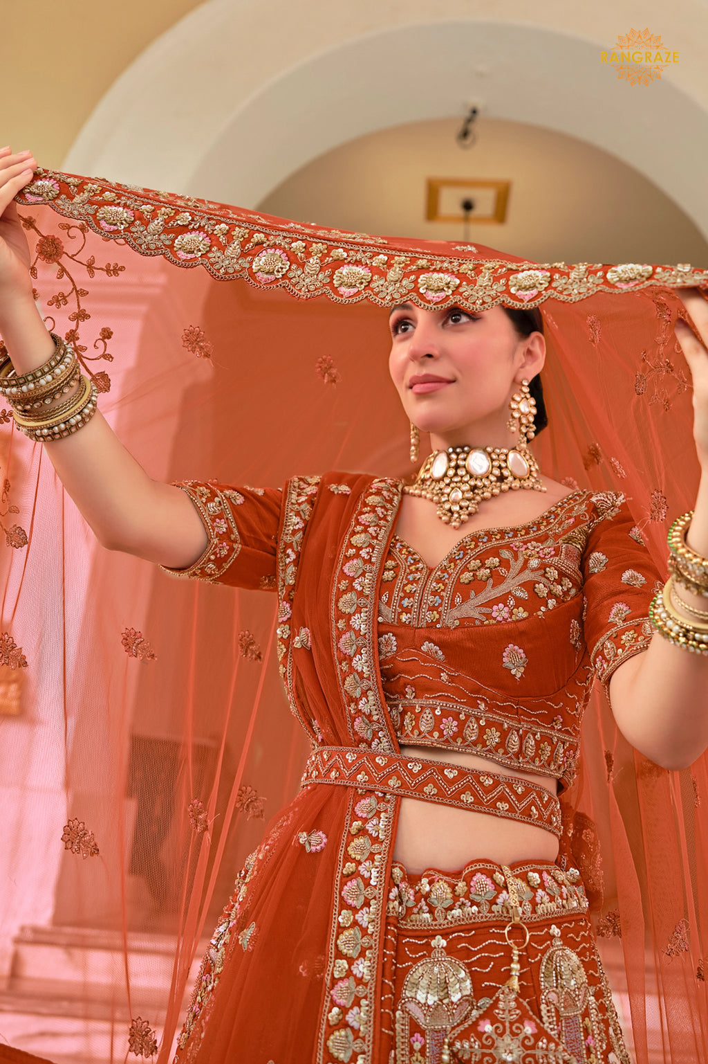 Rust Orange Heavy Embroidered Semi-Stitched Silk Lehenga