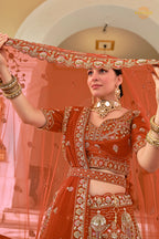 Rust Orange Heavy Embroidered Semi-Stitched Silk Lehenga