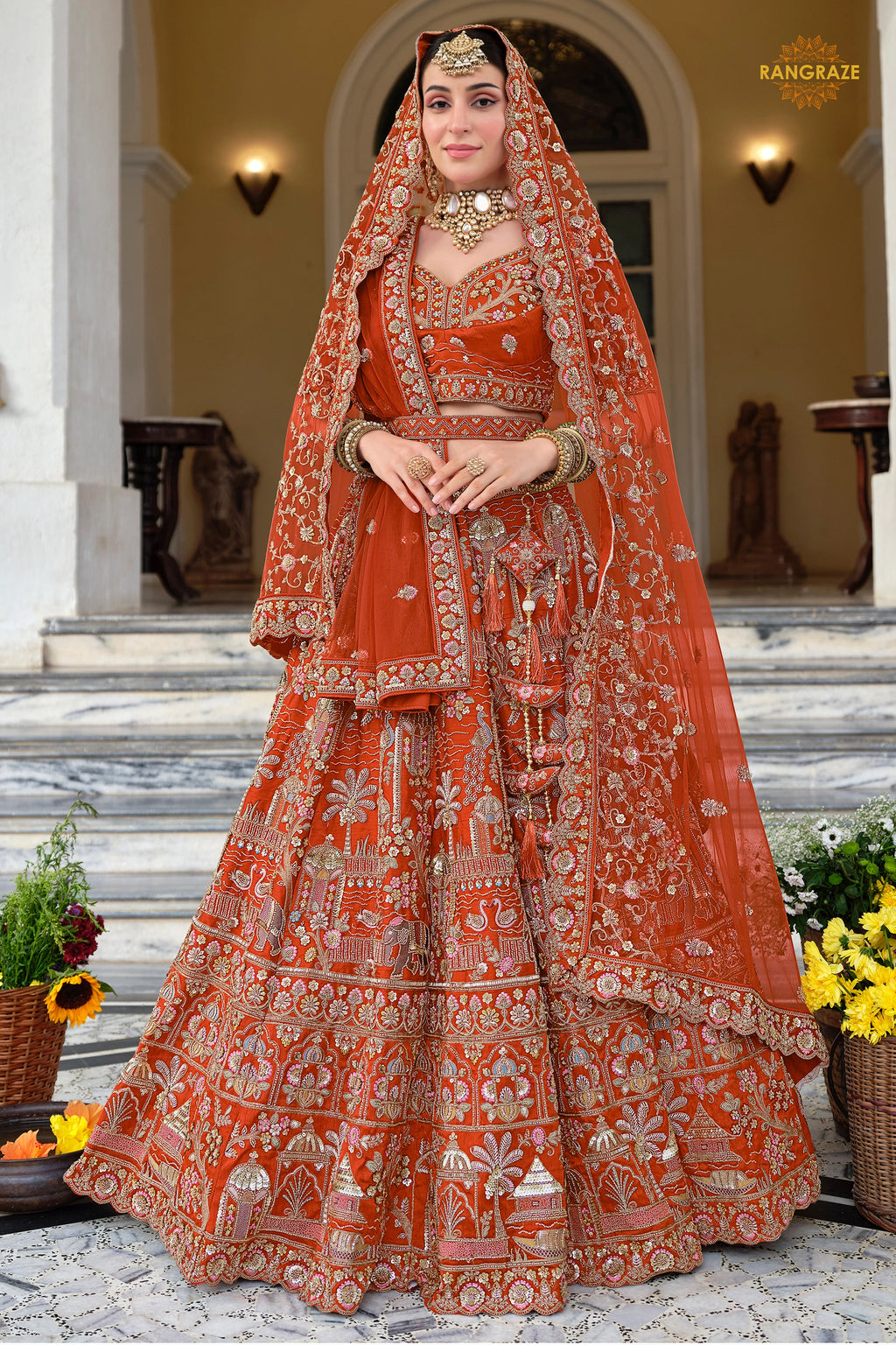 Rust Orange Heavy Embroidered Semi-Stitched Silk Lehenga