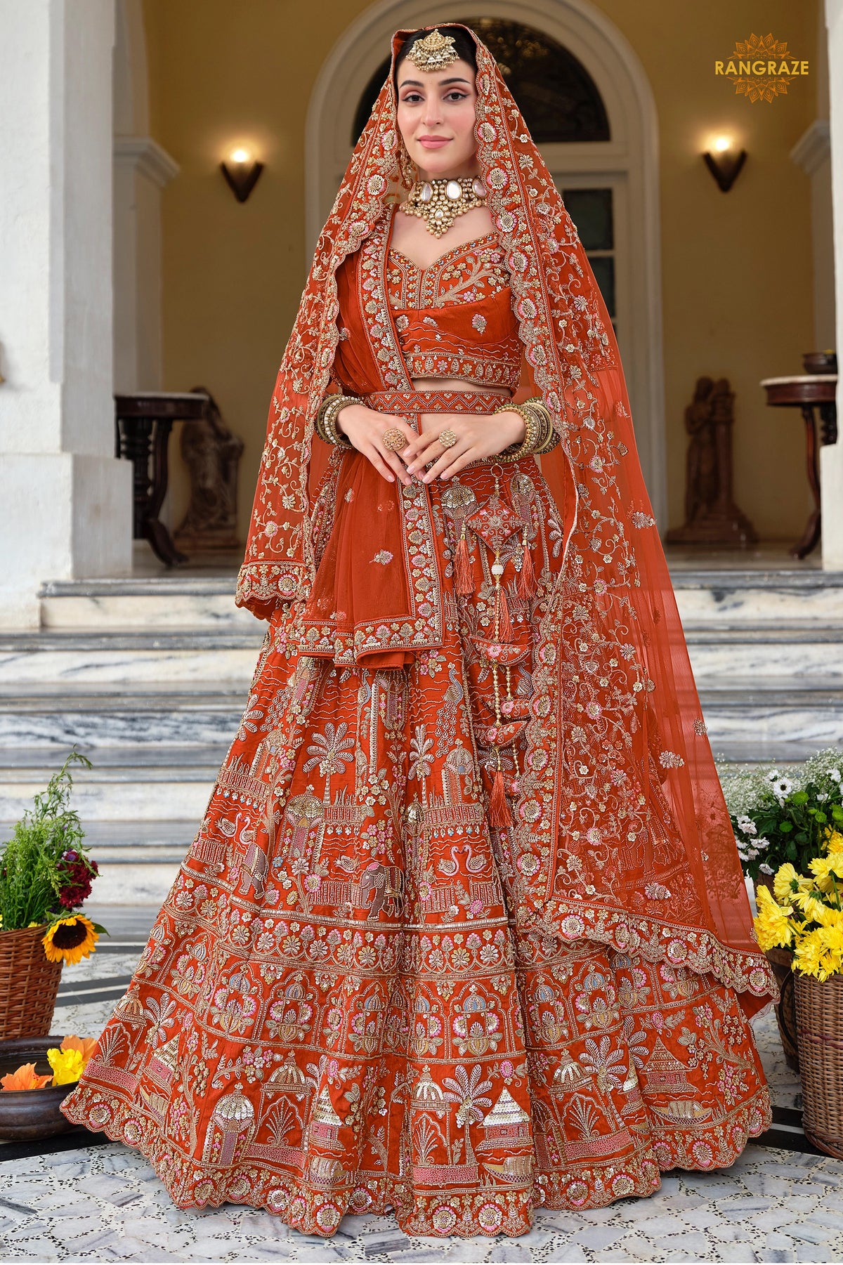 Rust Orange Heavy Embroidered Semi-Stitched Silk Lehenga