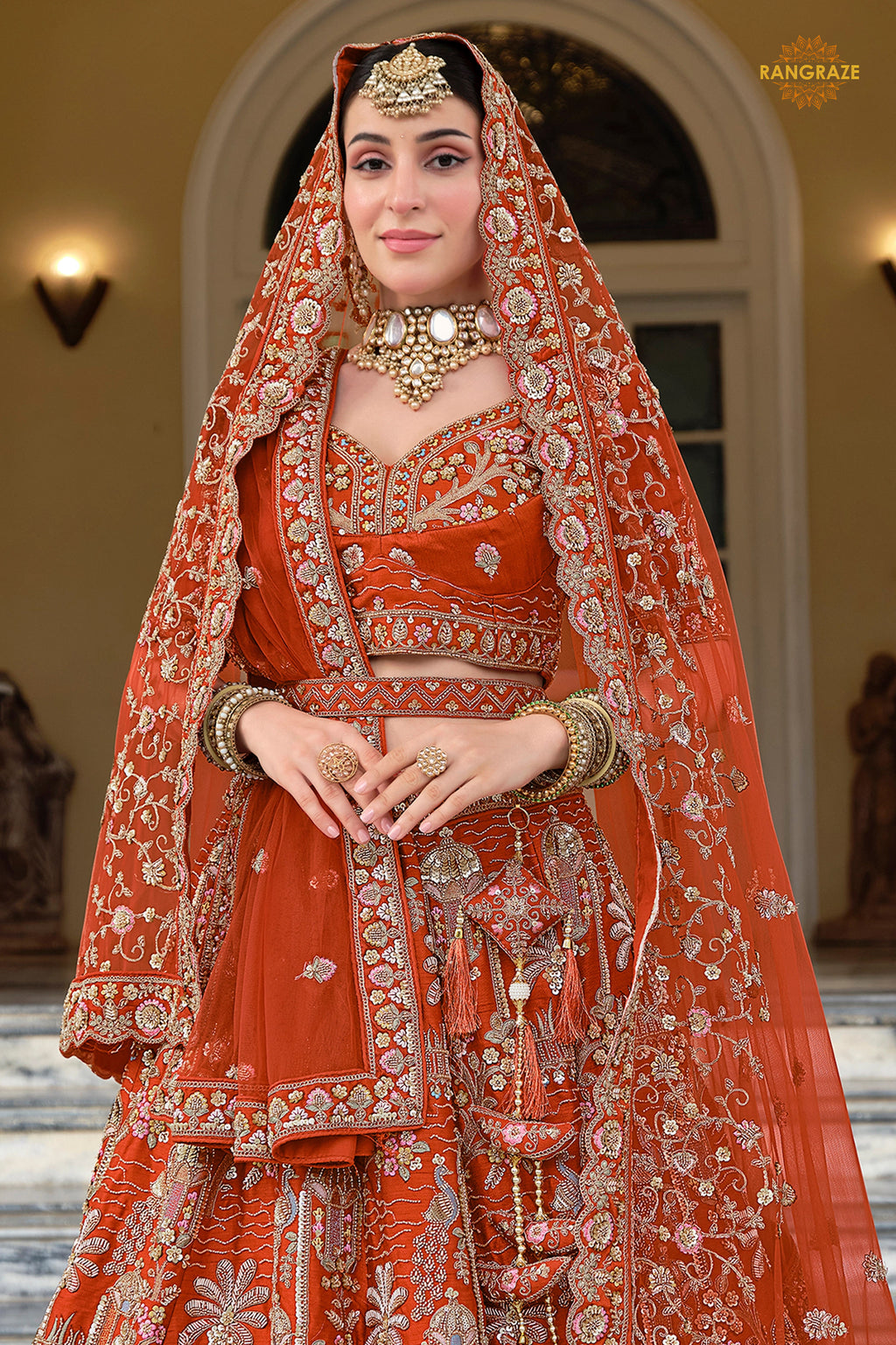 Rust Orange Heavy Embroidered Semi-Stitched Silk Lehenga