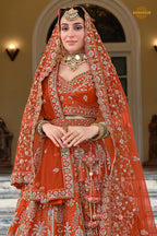 Rust Orange Heavy Embroidered Semi-Stitched Silk Lehenga