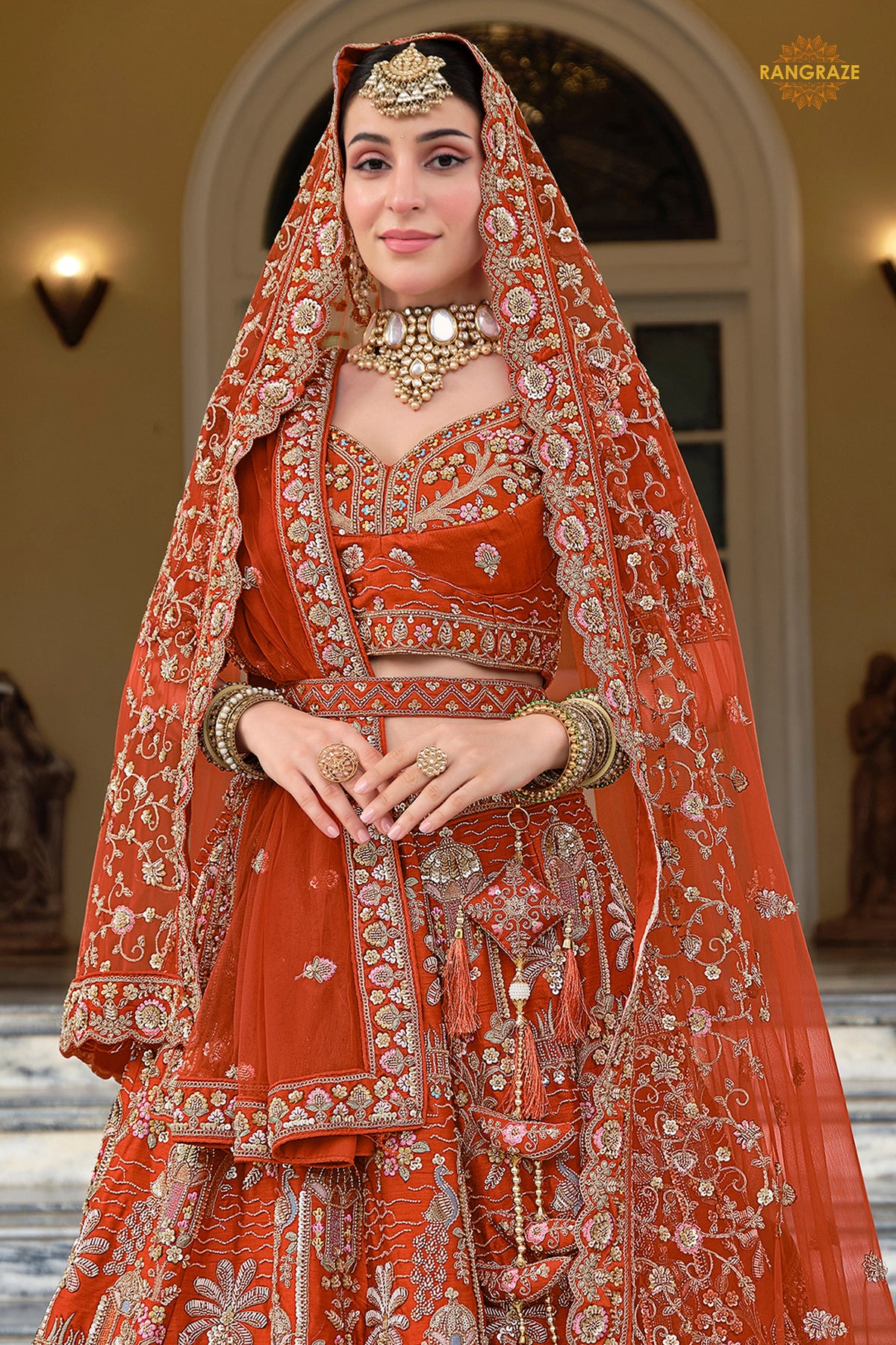 Rust Orange Heavy Embroidered Semi-Stitched Silk Lehenga