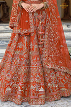 Rust Orange Heavy Embroidered Semi-Stitched Silk Lehenga