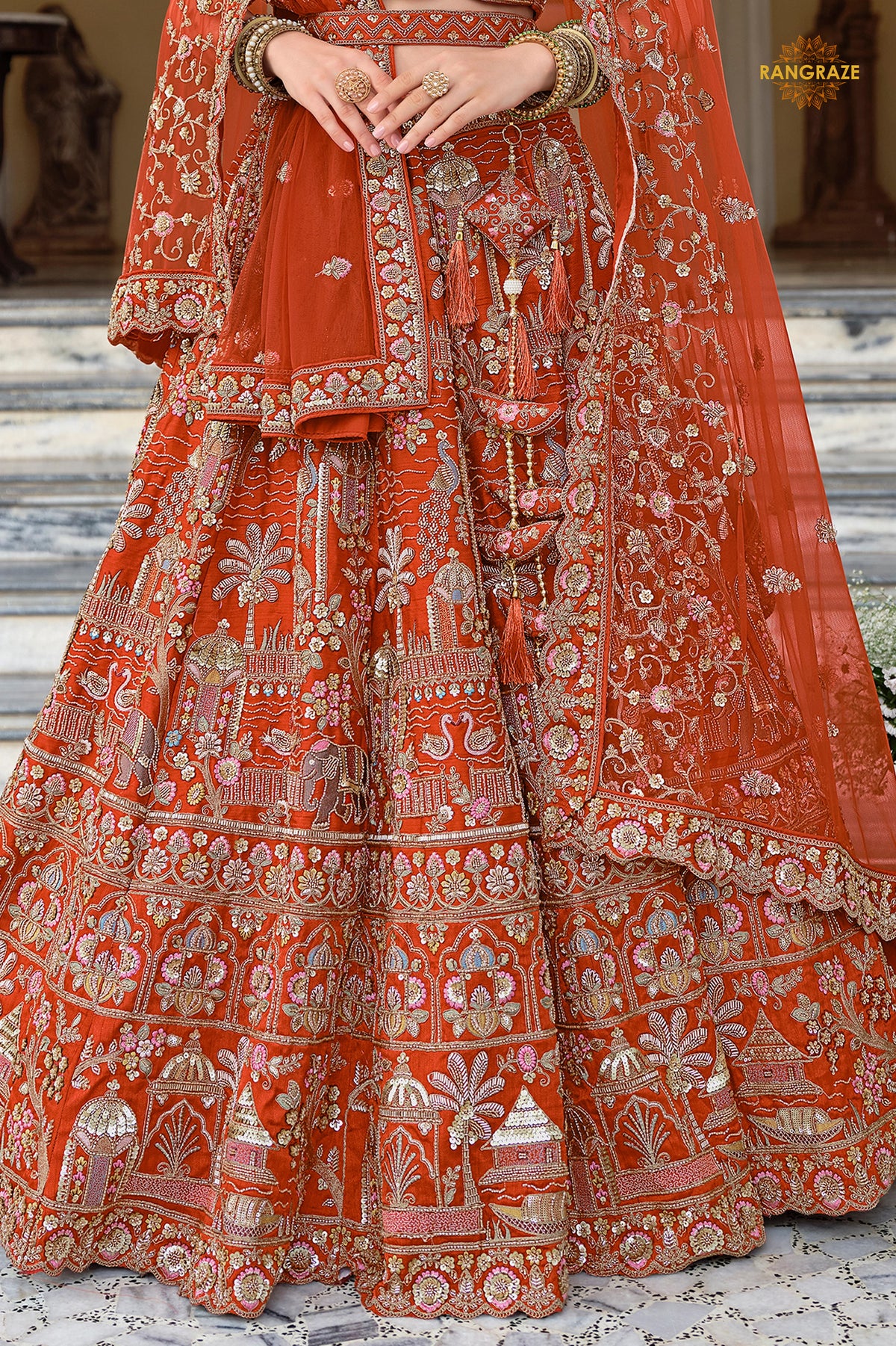 Rust Orange Heavy Embroidered Semi-Stitched Silk Lehenga