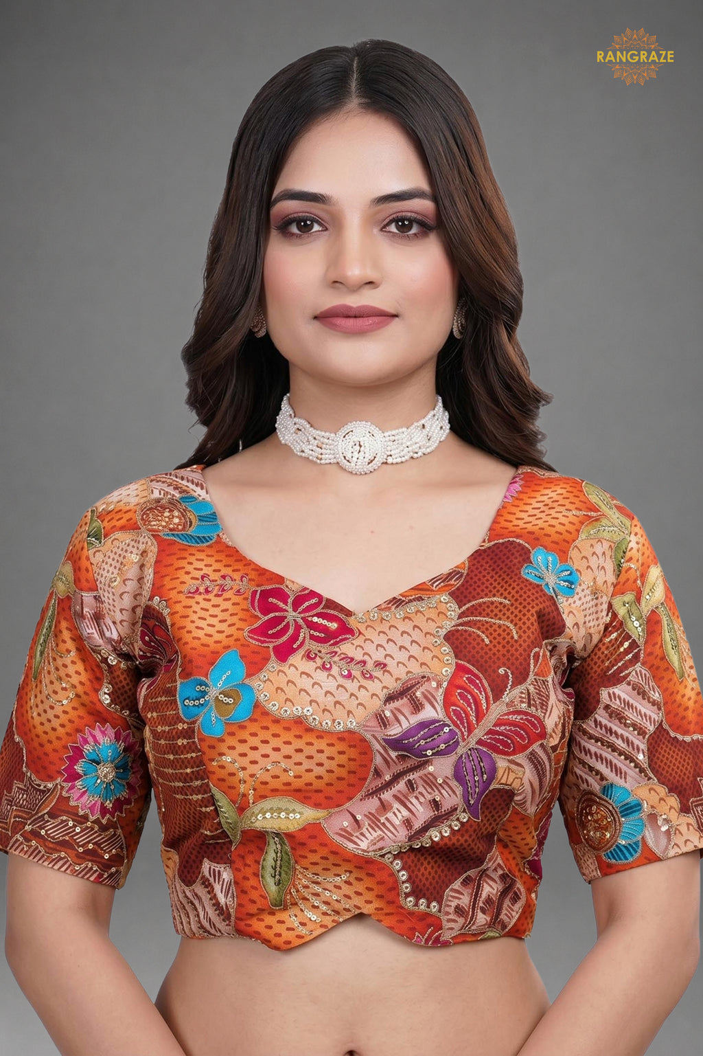 Rust Orange Printed Viscose Blouse with Embroidered Work