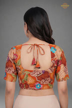 Rust Orange Printed Viscose Blouse with Embroidered Work