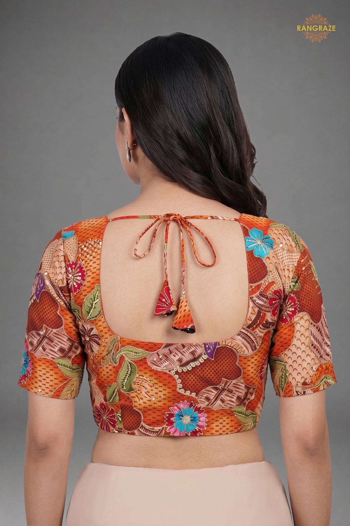 Rust Orange Printed Viscose Blouse with Embroidered Work