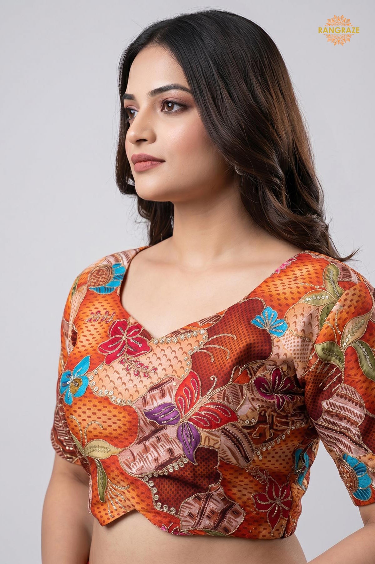 Rust Orange Printed Viscose Blouse with Embroidered Work